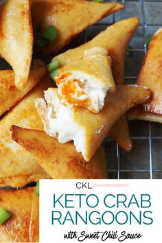 keto crab rangoons with sweet chili sauce on a cooling rack and text overlay