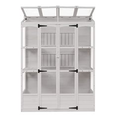 a white bookcase with four shelves and two doors on the front, one door open