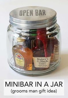 an open jar filled with liquor bottles and labeled minibar in a jar grooms man gift idea