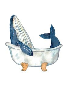 a watercolor painting of two whales in a bathtub