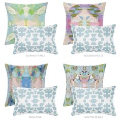 four pillows with different patterns on them and the words decorative pink, flower pink, clover pink, palm pink