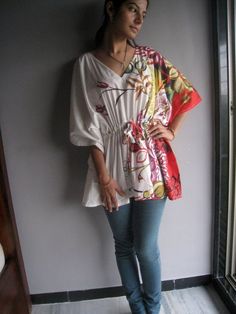 Cream Red Kaftan Top - Perfect for outings to be worn over jeans or leggings, lounges, beaches, spa Red Summer Tops For Loungewear, Red Summer Top For Loungewear, White Tops With Kimono Sleeves For Summer, White Kimono Sleeve Top For Beach, White Beach Tops With Kimono Sleeves, White Kimono Sleeve Beach Tops, White Tops With Kimono Sleeves For Spring, Kaftan Tops With Jeans, Red Kaftan