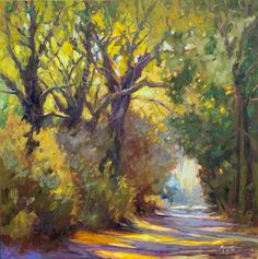 an oil painting of a road surrounded by trees and bushes with sun shining through the leaves