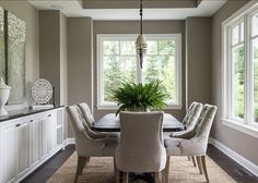 a dining room table with chairs and a potted plant in the center surrounded by windows