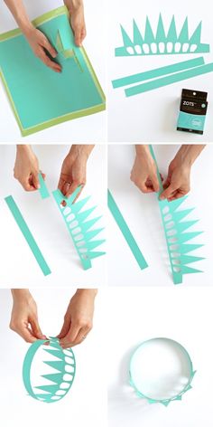 a collage of photos showing how to make a paper crown with scissors and glue