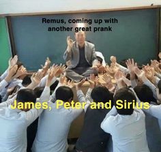 a group of people sitting around each other in front of a blackboard with the words james, peter and sirius on it