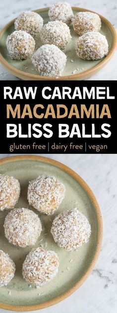 raw caramel macadama bliss balls on a green plate with text overlay