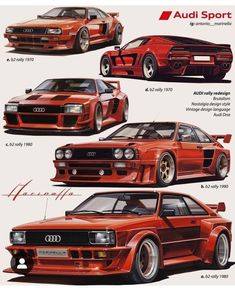 an advertisement for the audi sport car shows different types of cars in red and orange