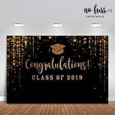 graduation backdrop with gold glitter confetti and congratulations class of 2019 on the front