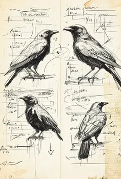 three black birds sitting on top of each other in front of a drawing book page