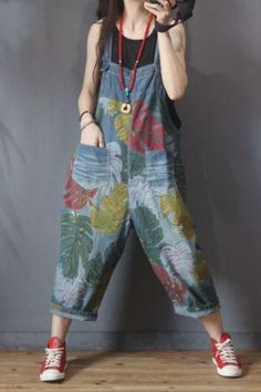 #leaf #overalls #onepiece #dungarees Casual Multicolor Overalls For Spring, Casual Medium Wash Floral Print Bottoms, Casual Cotton Jeans With Floral Print, Denim Patchwork Overalls, Authentic Clothes, Printed Overalls, Baggy Patchwork Overalls, Tye Dye Overalls, Dinosaur Overalls