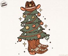 a drawing of a cowboy boot and christmas tree