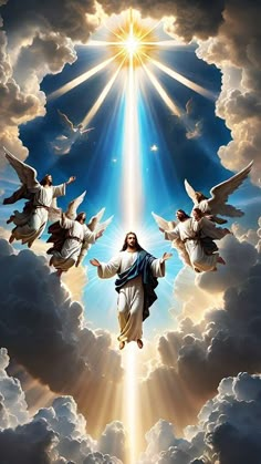 an image of jesus surrounded by angels in the sky with light coming from behind him