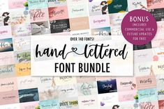 hand lettered font bundle with lots of different styles and colors, including pinks, blue