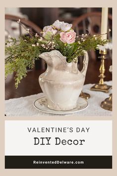 valentine's day diy decor with pink roses and greenery in a white vase