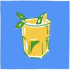 a drawing of a lemonade drink in a glass with a green garnish on the rim