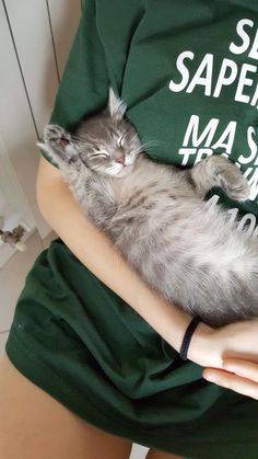 a person wearing a green shirt holding a gray and white cat in their arms,