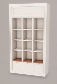 a white bookcase with wooden shelves on the top and bottom shelf is shown in front of a gray background