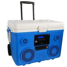 a blue and white cooler with wheels