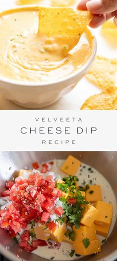 cheese dip recipe in a bowl with chips on the side and another photo showing how to make it