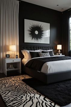 a bedroom with black walls and zebra print rugs on the floor next to a bed