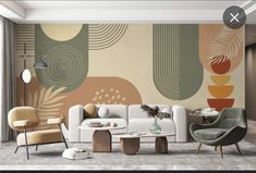 a living room filled with furniture next to a wall covered in colorful art deco murals