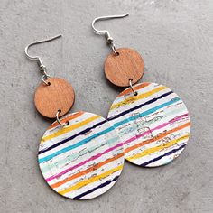 Striped Earrings, Wood Care, Colorful Paintings, Girls Jewelry, Round Earrings, Girls Accessories, Hair Jewelry, Pattern Art, Colorful Art