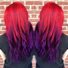 Red Roots Purple Hair, Red Hair With Purple Ends, Red Hair With Purple Tips, Sunset Hair Ombre, Purple To Red Hair, Red To Purple Hair