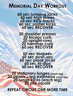 the memorial day workout list is shown with an american flag