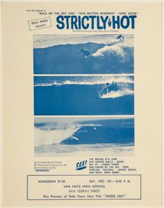 an advertisement for the surf film strip, strickly hot featuring surfers in blue and white