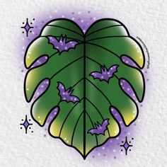 a heart shaped leaf with bats on it's leaves and stars in the background