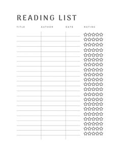 the printable reading list is shown in black and white, with stars on it