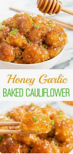 honey garlic baked cauliflower in a white bowl with chopsticks