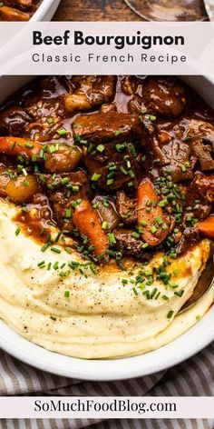 beef bourguignon with mashed potatoes and gravy in a white bowl