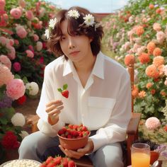 a woman sitting in a chair holding a bowl of strawberries