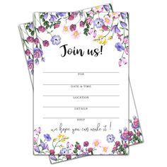 two blank cards with flowers and the words join us