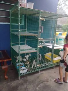 a woman standing next to a green cage filled with animals