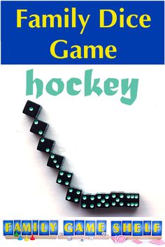 the family dice game hockey is shown in front of a white background with blue and green letters