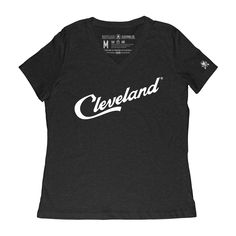 The Cleveland Script everyone knows and loves on a heather t-shirt. A classic wardrobe staple with a cool, contemporary twist—you'll have everyone turning heads! Make a statement without saying a word! This timeless tee fits the bill with its classic style and modern flair, so you can look (and feel) your best. Details: Short sleeve, v-neck t-shirt Superior Airlume combed and ring-spun cotton for shape retention, comfort & durability Fabric content: 52% cotton / 48% Polyester Designed & Printed Black Tops With Text Print, Black T-shirt With Lettering For Fans, Black T-shirt With Lettering For Fan Merchandise, Black Fan Apparel T-shirt With Lettering, Casual V-neck Fan Merchandise T-shirt, Casual Branded Tri-blend Top, Fan Merchandise V-neck Casual T-shirt, Black Tri-blend Tops With Text Print, Black V-neck Graphic Tee T-shirt