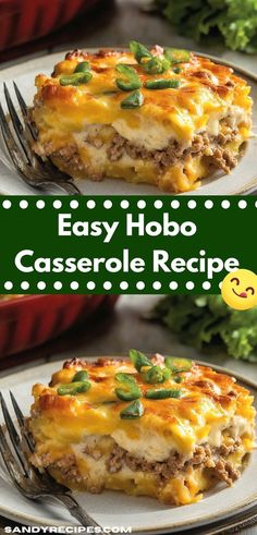 easy hobo casserole recipe on a plate with a fork and green salad in the background