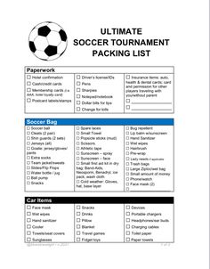 the ultimate soccer tournament packing list is shown in this printable form, with instructions for each