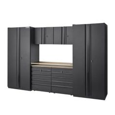 a black cabinet with drawers and cabinets on the side, in front of a white background