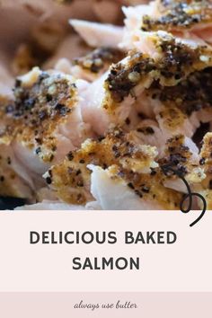 delicious baked salmon on a plate with text overlay