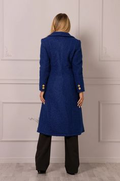 Textured Long Boucle Wool Coat Navy Blue Princess Coat - Etsy Blue Double-breasted Wool Outerwear, Single Breasted Long Sleeve Peacoat For Office, Long Sleeve Buttoned Peacoat For Office, Blue Winter Peacoat With Hidden Button Closure, Blue Winter Outerwear With Hidden Button Closure, Blue Outerwear With Hidden Button Closure For Winter, Blue Long Wool Coat For Winter, Blue Notch Lapel Outerwear With Buttons, Blue Double-breasted Long Sleeve Pea Coat