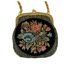 "Lovely tapestry purse by La Regale, made in Italy. The tapestry features a bouquet of flowers, accented with golden metallic threads. The shoulder strap is made of twisted gold metallic cord and you find the same material covering the frame. Kiss clasp closure. Lined with gold satin. There is one interior pocket. The purse is quite deep and could fit your cell phone. Very good condition.  Measurements Height 8\" Width 7.5\" Depth 1/2\" Strap drop 13.5\" **Proud member of the Vintage Fashion Gui Formal Gold Shoulder Bag With Gold Embroidery, Gold Embroidered Shoulder Bag For Formal Occasions, Gold Rectangular Evening Bag With Floral Embroidery, Gold Evening Bag With Floral Embroidery, Elegant Gold Shoulder Bag With Floral Embroidery, Gold Rectangular Shoulder Bag With Floral Embroidery, Vintage Embroidered Formal Bags, Vintage Tapestry Shoulder Bag For Evening, Gold Tapestry Rectangular Bag