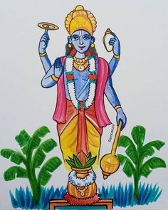 a drawing of a person holding a pot and standing in front of some water plants