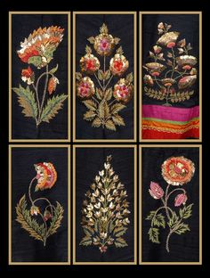 four pictures of different flowers and leaves on black fabric, each with gold trimmings