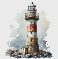 a watercolor painting of a lighthouse on rocks