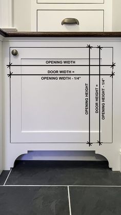 a kitchen with white cabinets and black tile flooring is shown in this image, there are measurements for the opening widths