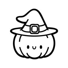 a black and white drawing of a pumpkin wearing a witches hat